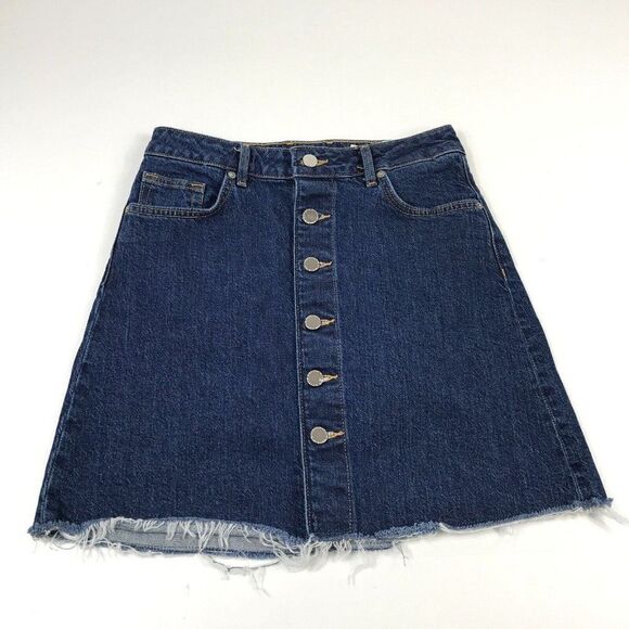 H&M Womens Mini Denim Jean Skirt Blue Stretch Button Front Frayed Hem Si… - Picture 1 of 12